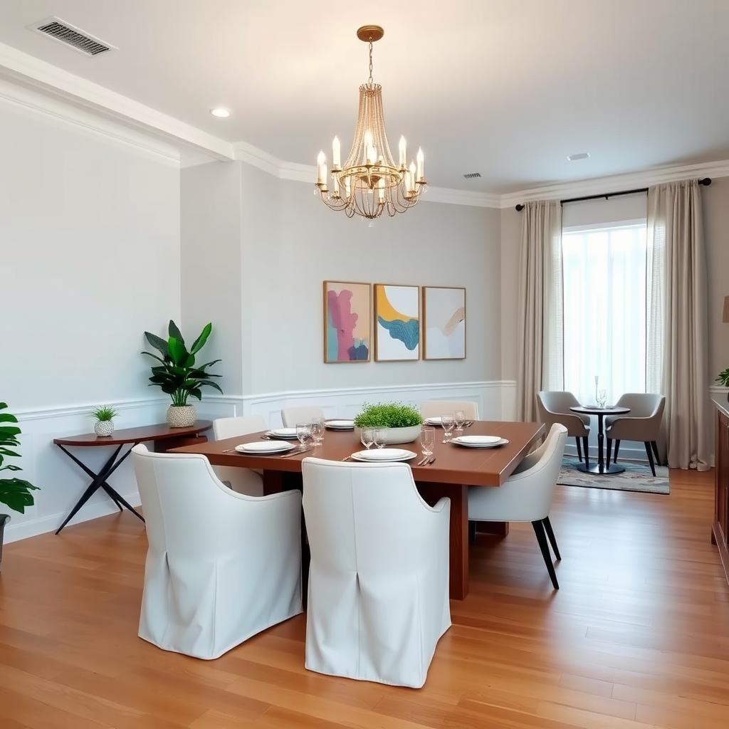 A beautifully redesigned dining room featuring a modern aesthetic with a large rectangular wooden table set for six, surrounded by stylish upholstered chairs in a soft, neutral color