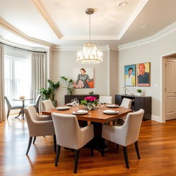 A beautifully redesigned dining room featuring a modern aesthetic with a large rectangular wooden table set for six, surrounded by stylish upholstered chairs in a soft, neutral color