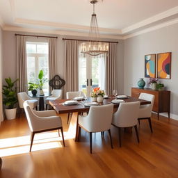 A beautifully redesigned dining room featuring a modern aesthetic with a large rectangular wooden table set for six, surrounded by stylish upholstered chairs in a soft, neutral color