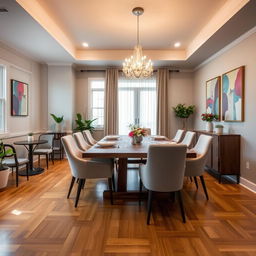 A beautifully redesigned dining room featuring a modern aesthetic with a large rectangular wooden table set for six, surrounded by stylish upholstered chairs in a soft, neutral color