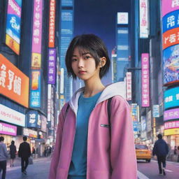 Create a vivid and colorful image in the style of Japanese anime featuring a charismatic main character set in a bustling, futuristic cityscape.