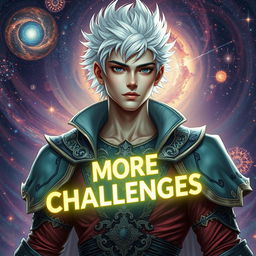 A young handsome man with a strong build, featuring striking white hair and dressed in elaborate fantasy clothing, set against a vibrant cosmic background filled with swirling galaxies and stars