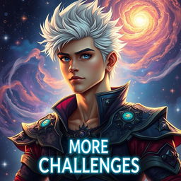 A young handsome man with a strong build, featuring striking white hair and dressed in elaborate fantasy clothing, set against a vibrant cosmic background filled with swirling galaxies and stars