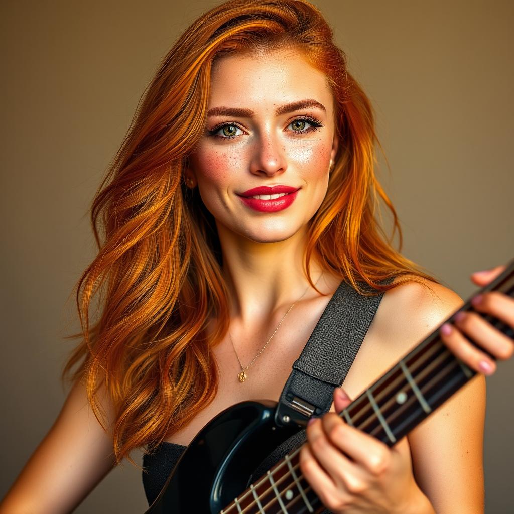 A vibrant young woman in her twenties with long, wavy orange-red hair and slightly bronzed skin