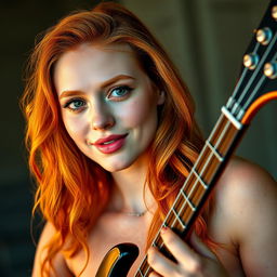 A vibrant young woman in her twenties with long, wavy orange-red hair and slightly bronzed skin