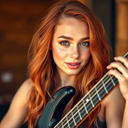 A vibrant young woman in her twenties with long, wavy orange-red hair and slightly bronzed skin