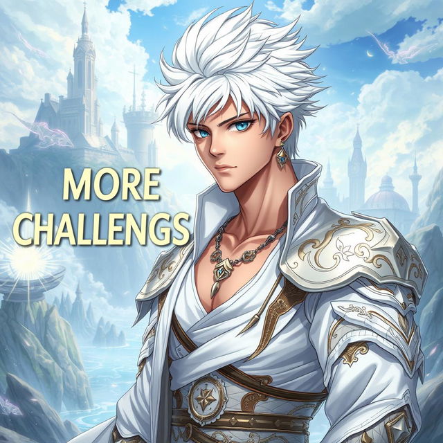 A young, handsome man with a well-built physique, featuring striking white hair styled dramatically