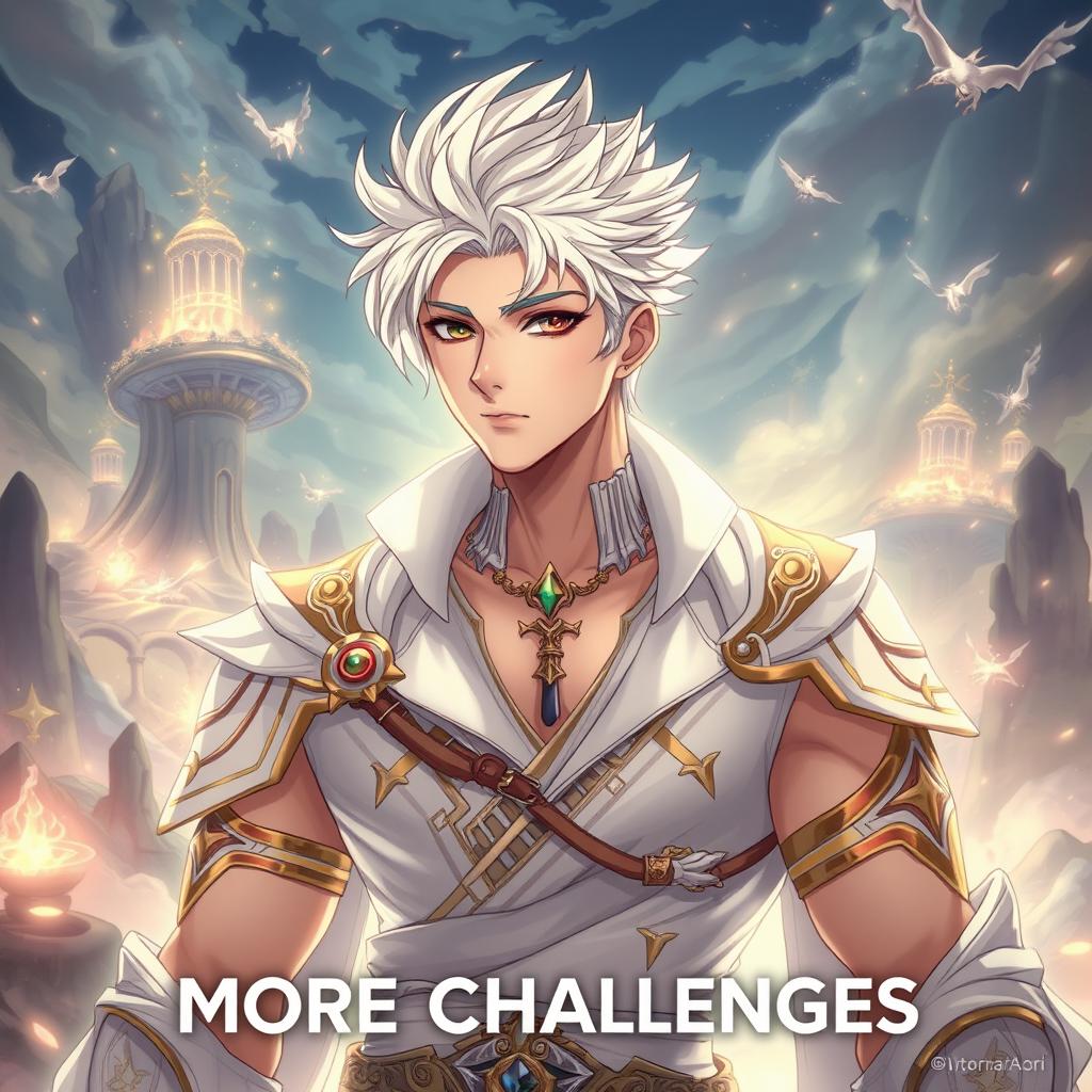 A young, handsome man with a well-built physique, featuring striking white hair styled dramatically