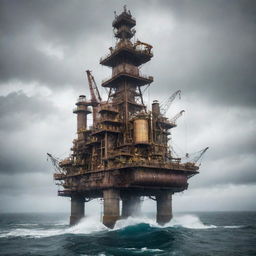 A colossal steampunk oil rig, embellished with brass piping, rotating gears, and billowing steam clouds, towered over a churning sea, under a drizzly, overcast sky.