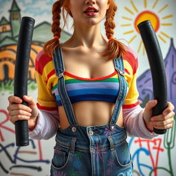 A close-up torso shot of a stunning female with auburn pigtails, wearing a rainbow half sweater and a midriff-baring belly top, complemented by denim overalls adorned with colorful graffiti