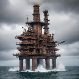 A colossal steampunk oil rig, embellished with brass piping, rotating gears, and billowing steam clouds, towered over a churning sea, under a drizzly, overcast sky.