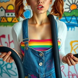 A close-up torso shot of a stunning female with auburn pigtails, wearing a rainbow half sweater and a midriff-baring belly top, complemented by denim overalls adorned with colorful graffiti