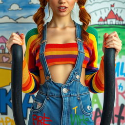 A close-up torso shot of a stunning female with auburn pigtails, wearing a rainbow half sweater and a midriff-baring belly top, complemented by denim overalls adorned with colorful graffiti