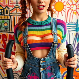 A close-up torso shot of a stunning female with auburn pigtails, wearing a rainbow half sweater and a midriff-baring belly top, complemented by denim overalls adorned with colorful graffiti