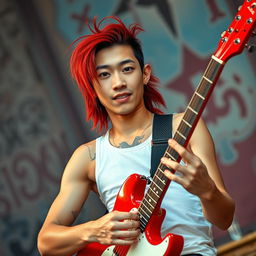 A young Chinese man in his twenties with long, red mullet-styled hair and striking blue eyes