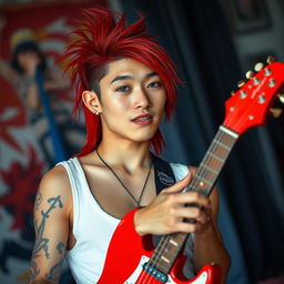 A young Chinese man in his twenties with long, red mullet-styled hair and striking blue eyes