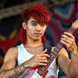 A young Chinese man in his twenties with long, red mullet-styled hair and striking blue eyes