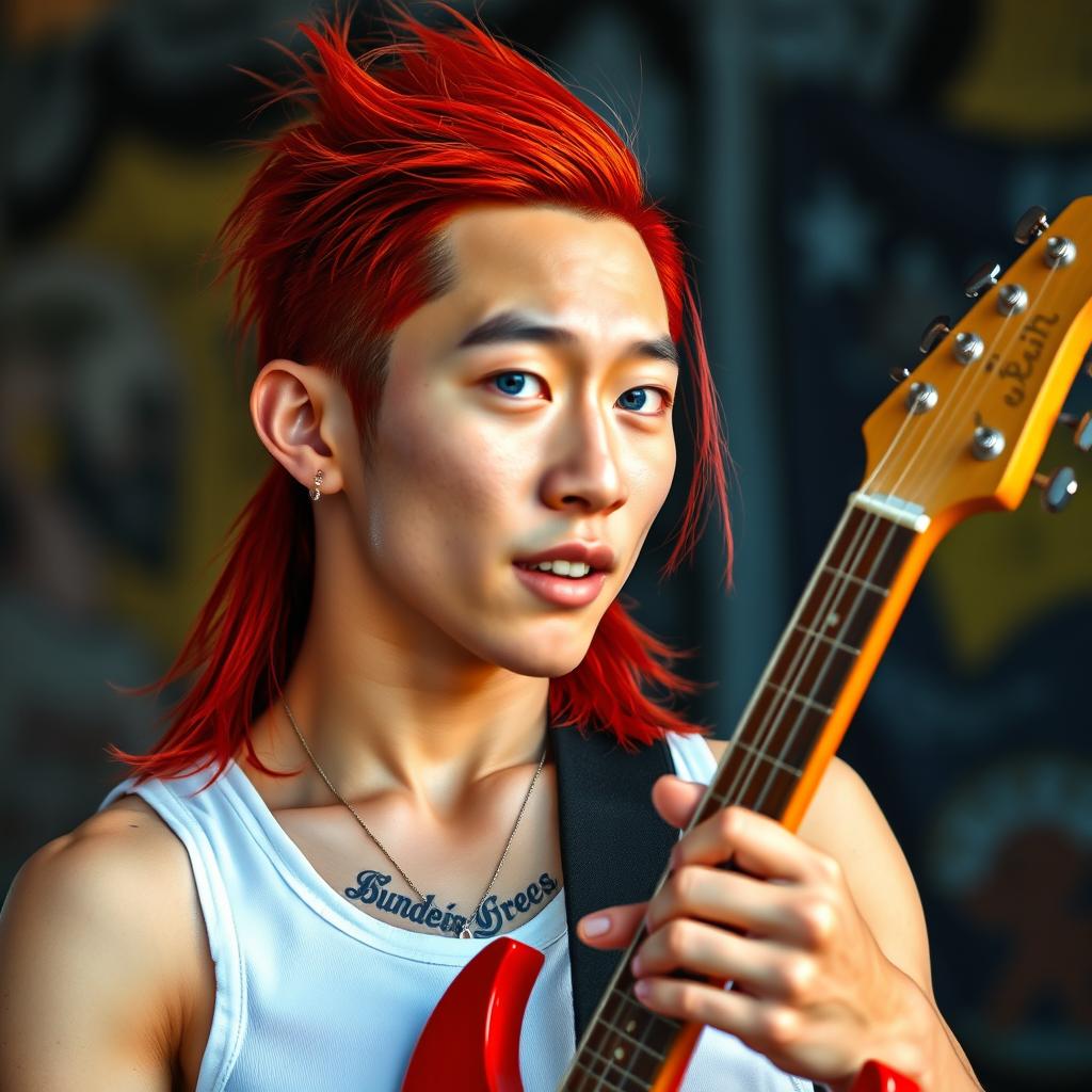 A young Chinese man in his twenties with long, red mullet-styled hair and striking blue eyes