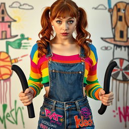 A close-up torso shot of a gorgeous female with auburn hair styled in pigtails