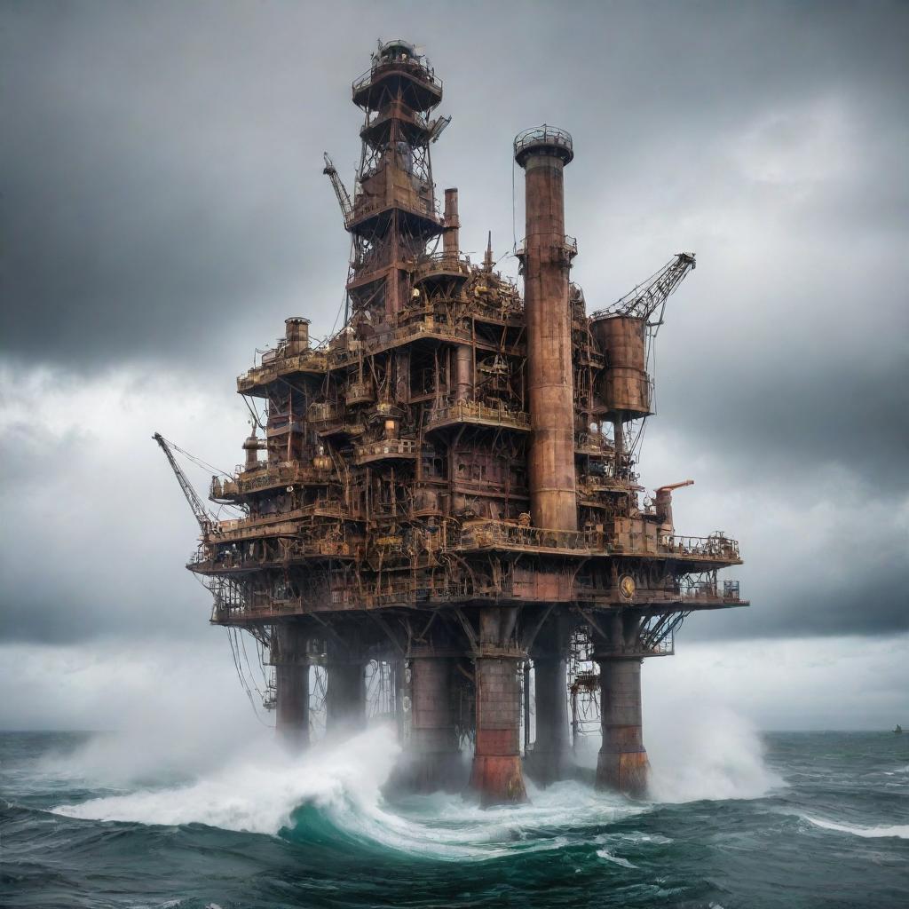 A colossal steampunk oil rig, embellished with brass piping, rotating gears, and billowing steam clouds, towered over a churning sea, under a drizzly, overcast sky.