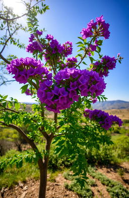 A beautiful Arghavan tree (also known as Judas tree), showcasing its vibrant purple flowers, set against a serene landscape