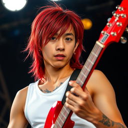 A young Chinese man in his twenties with long, red mullet-style hair and striking blue eyes