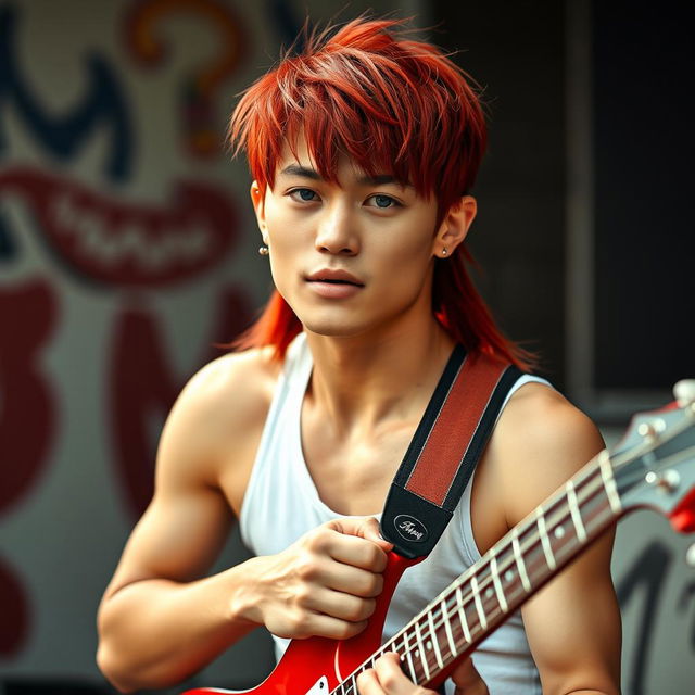 A young Chinese man in his twenties with long, red mullet-style hair and striking blue eyes