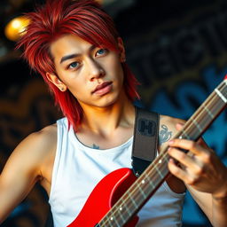 A young Chinese man in his twenties with long, red mullet-style hair and striking blue eyes