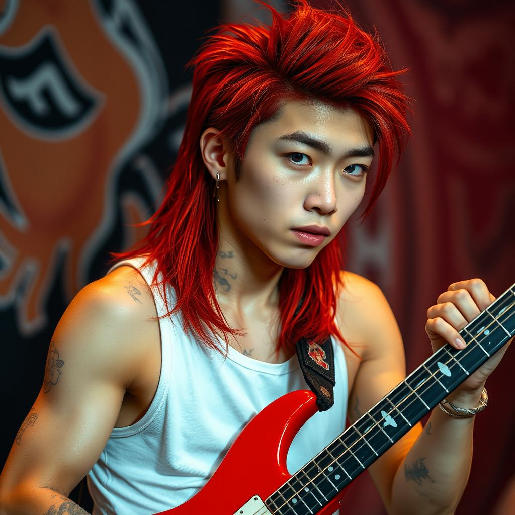 A young Chinese man in his twenties with long, red mullet-style hair and striking blue eyes