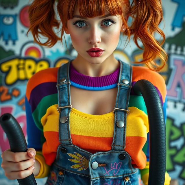 A close-up portrait of a gorgeous female with auburn hair styled in playful pigtails