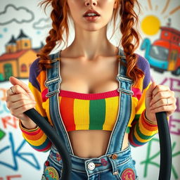 A close-up portrait of a gorgeous female with auburn hair styled in playful pigtails