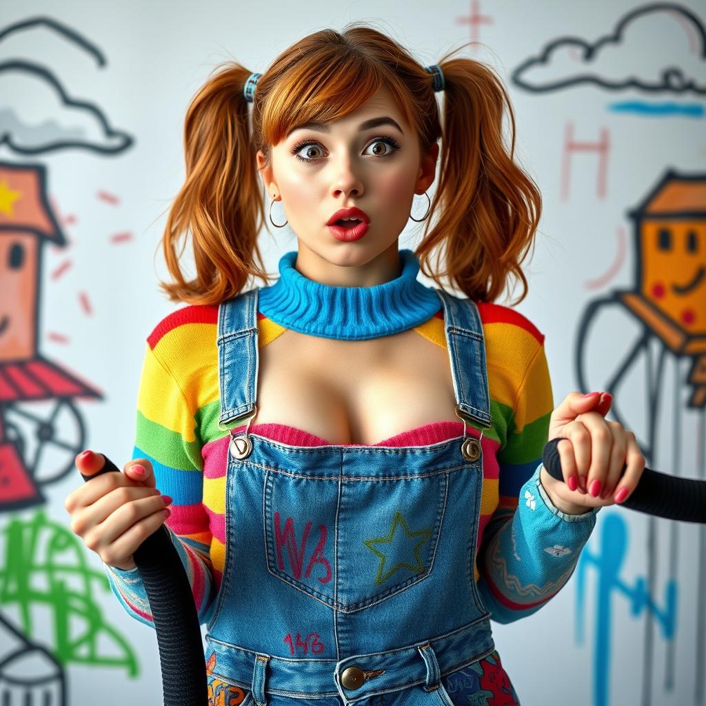 A close-up portrait of a gorgeous female with auburn hair styled in playful pigtails