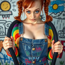 A close-up portrait of a gorgeous female with auburn hair styled in playful pigtails