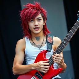 A young Chinese man in his twenties with long, red mullet-style hair and captivating blue eyes