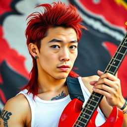 A young Chinese man in his twenties with long, red mullet-style hair and captivating blue eyes