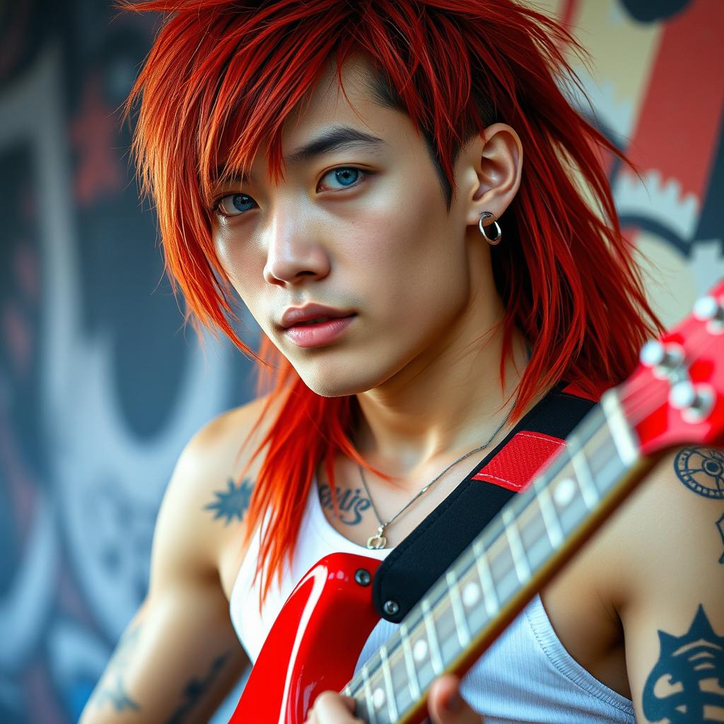 A young Chinese man in his twenties with long, red mullet-style hair and captivating blue eyes