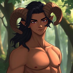 A slim male figure with subtly defined muscles, featuring medium-long wavy black hair