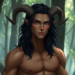 A slim male figure with subtly defined muscles, featuring medium-long wavy black hair