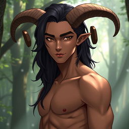 A slim male figure with subtly defined muscles, featuring medium-long wavy black hair