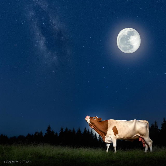 A nice healthy cow gracefully arcing over a brightly lit full moon against a star-filled night sky