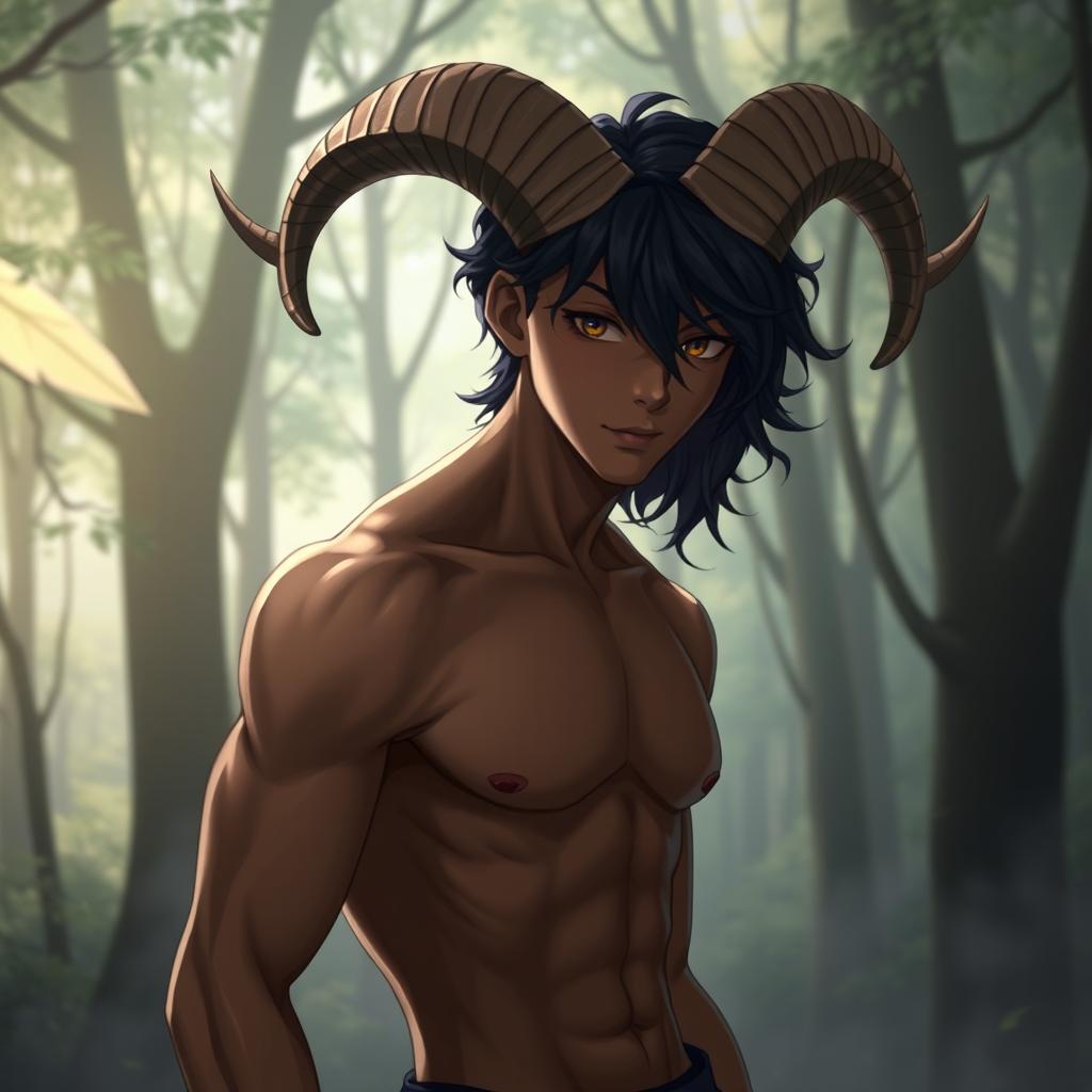 A slim male figure with subtly defined muscles, featuring medium-long wavy black hair