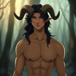 A slim male figure with subtly defined muscles, featuring medium-long wavy black hair