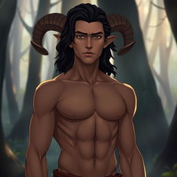 A slim male figure with subtly defined muscles, featuring medium-long wavy black hair