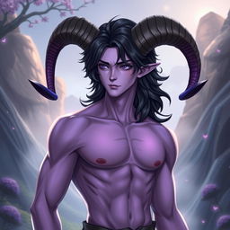 A slim male figure with subtly defined muscles, adorned with medium-long wavy black hair