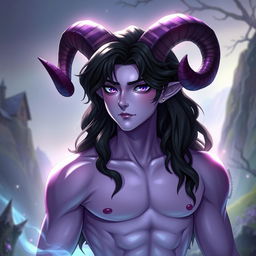 A slim male figure with subtly defined muscles, adorned with medium-long wavy black hair