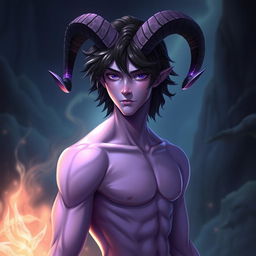 A slim male figure with subtly defined muscles, adorned with medium-long wavy black hair