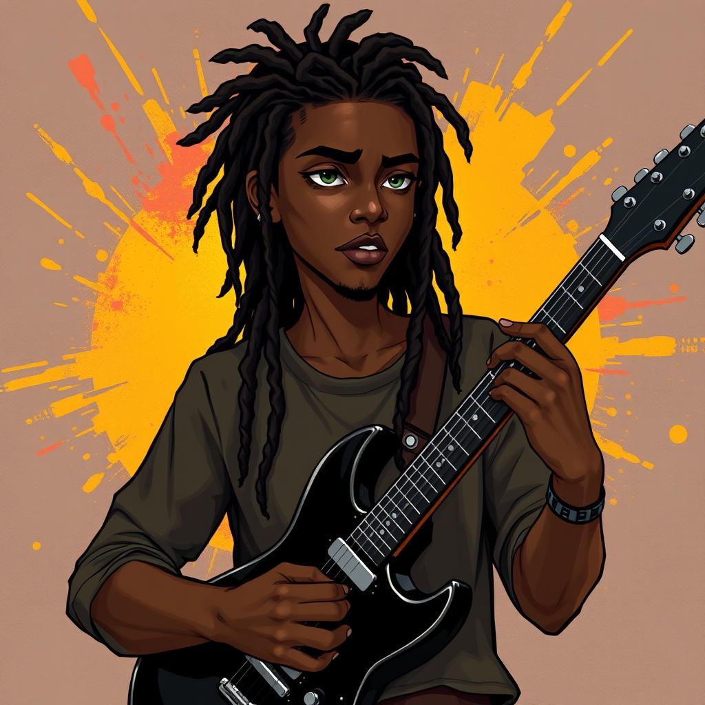 An illustration of a young Black man in his twenties with long, dark brown dreadlocks