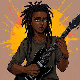 An illustration of a young Black man in his twenties with long, dark brown dreadlocks