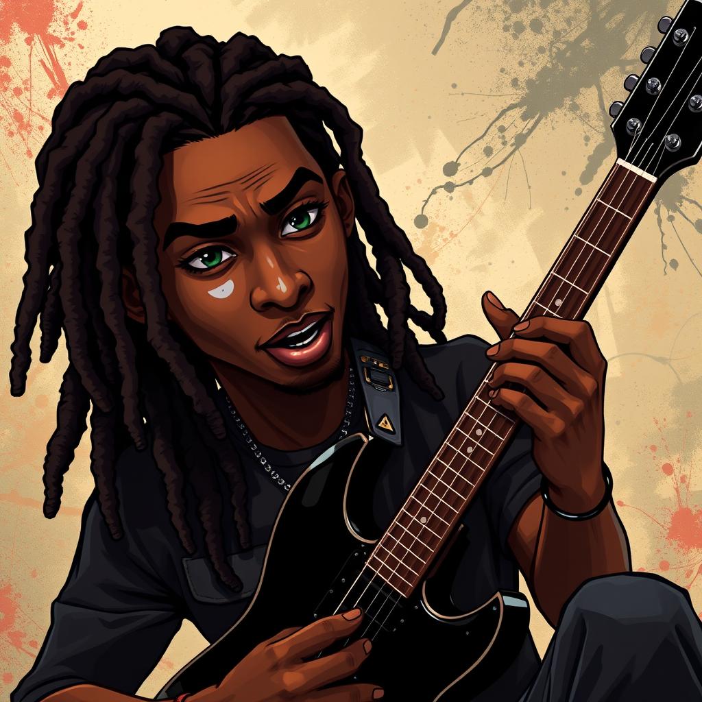 An illustration of a young Black man in his twenties with long, dark brown dreadlocks