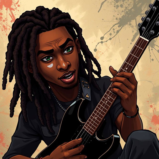 An illustration of a young Black man in his twenties with long, dark brown dreadlocks